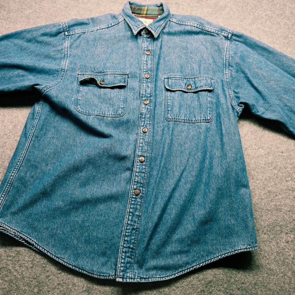 Eddie Bauer Made in USA VTG Men Blue Denim Flannel Lined Button Down Shirt XL